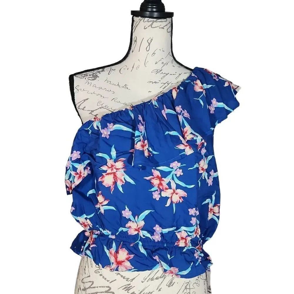 American Eagle Women's Size Large Blue Floral One Shoulder Ruffle Blouse